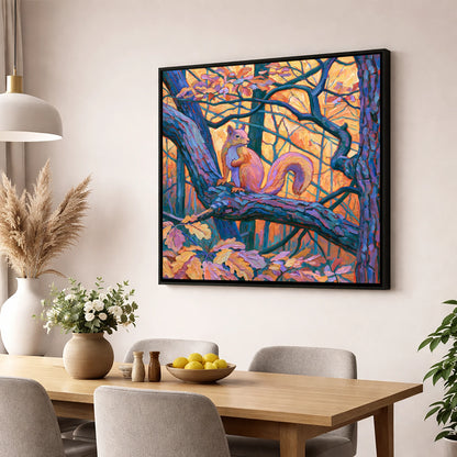 Lakeland Red Squirrel in Amber Light lake district wildlife wall art displayed in a dining room