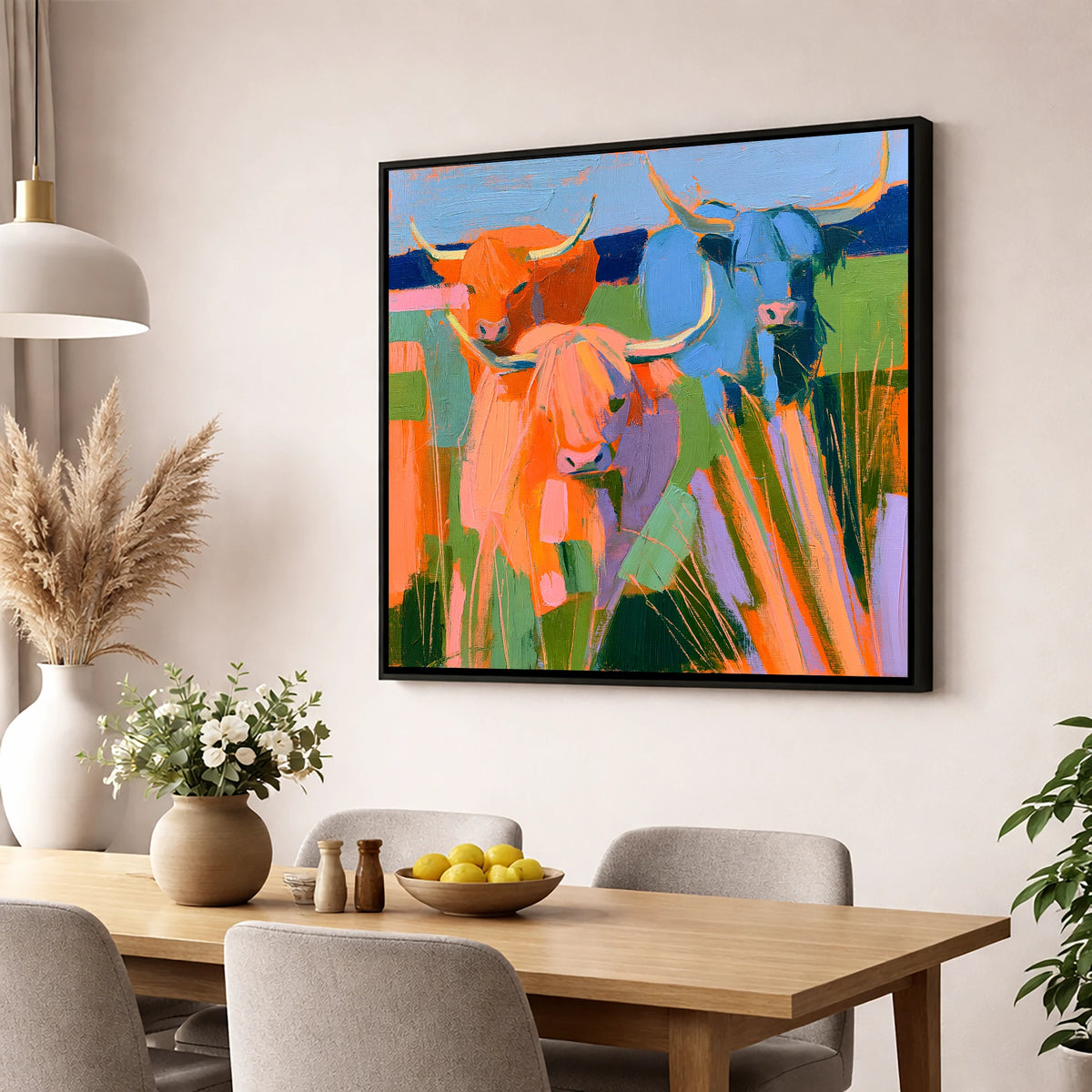Vibrant Highland Cattle Trio lake district wildlife wall art displayed in a dining room