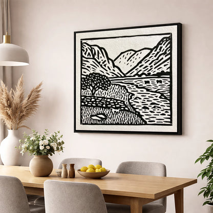 Monochrome Eskdale Valley Landscape lake district valley wall art displayed in a dining room