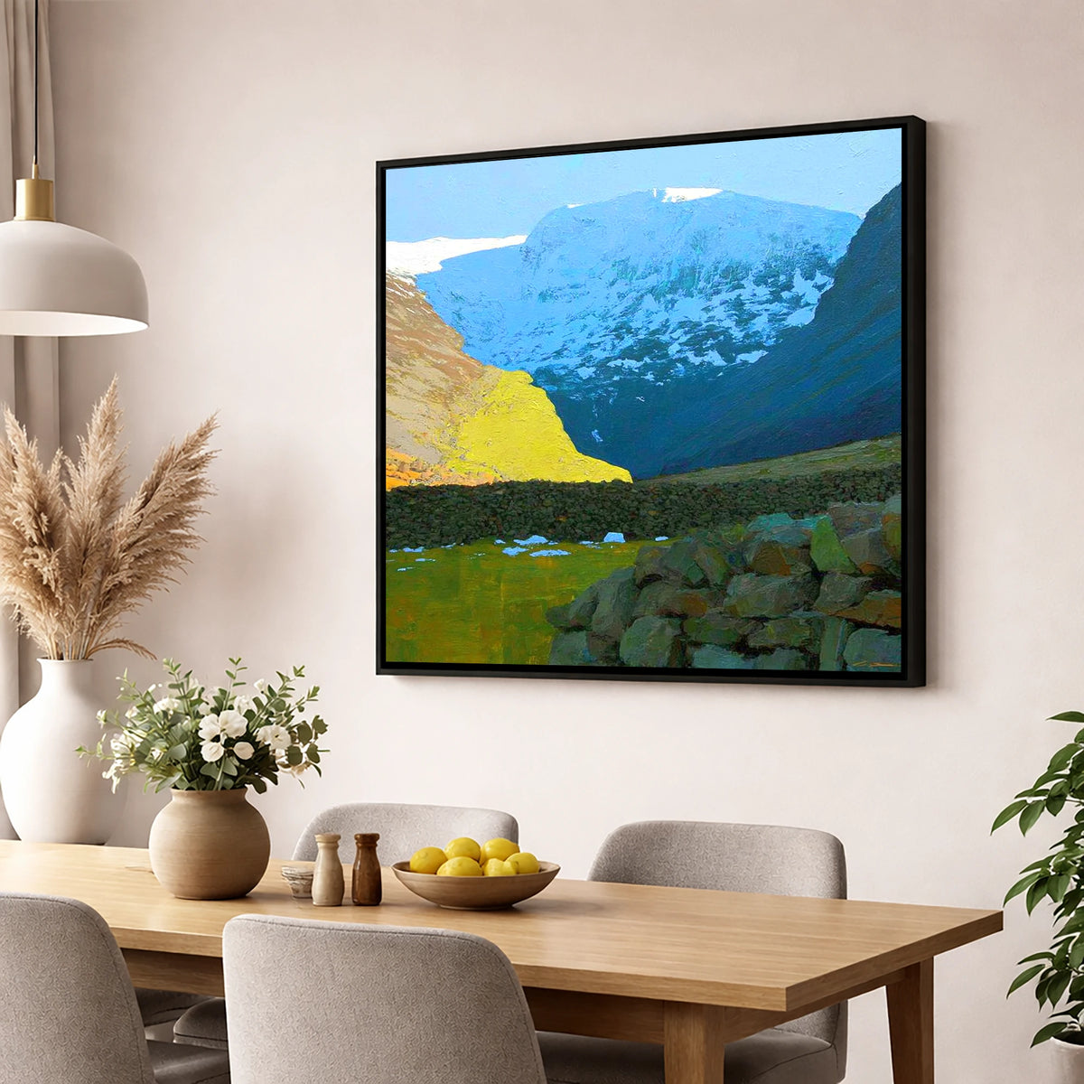 Winter Sunlight Over Seathwaite Fell lake district fell wall art displayed in a dining room