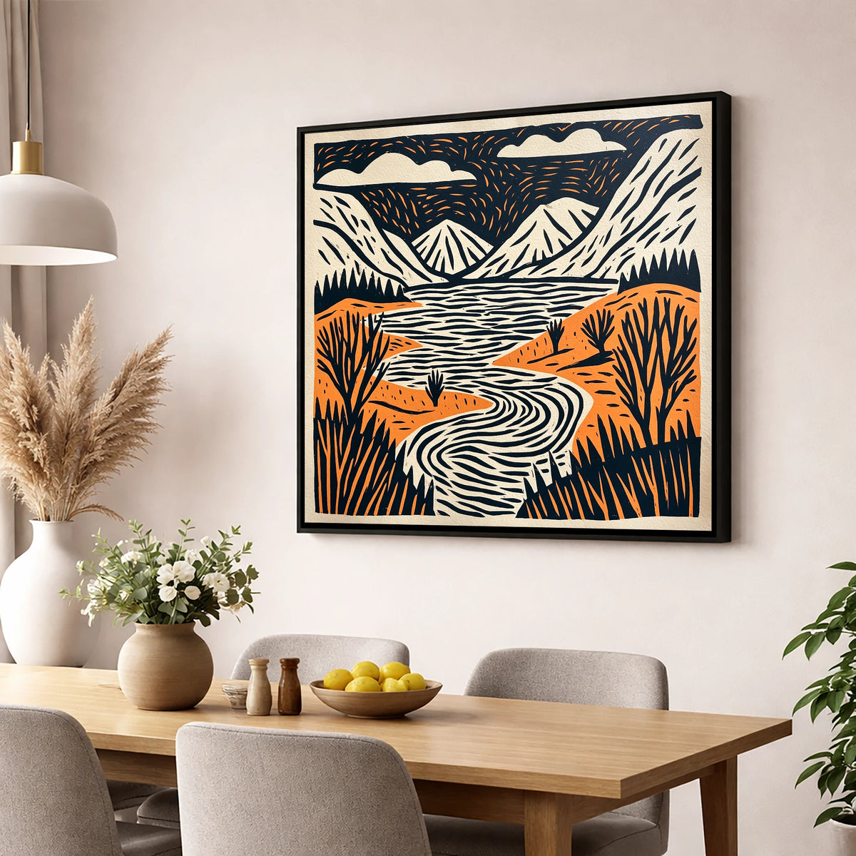 Bold Fells and Winding River lake district lake wall art displayed in a dining room