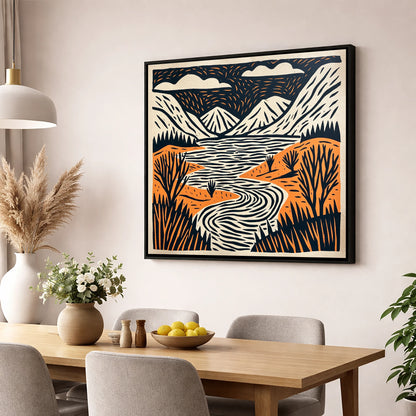 Bold Fells and Winding River lake district lake wall art displayed in a dining room