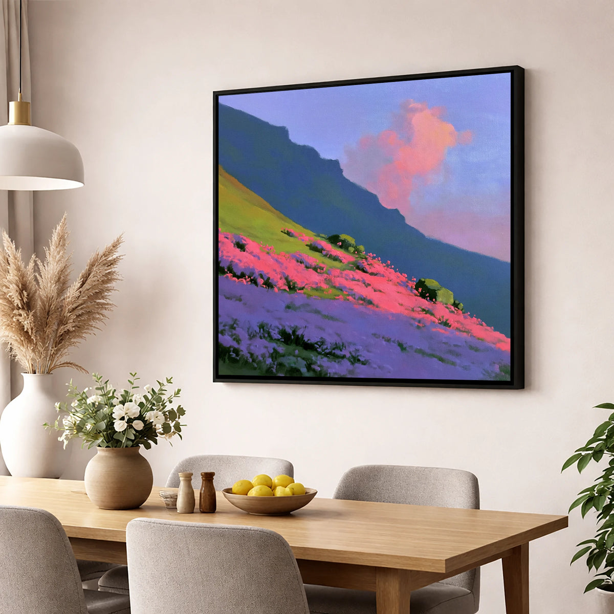 Vibrant Pink Heather Fellside flowers & fellsides wall art displayed in a dining room