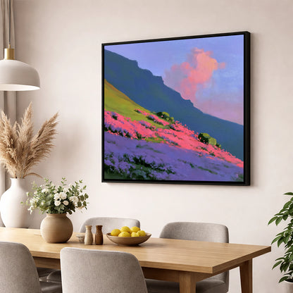Vibrant Pink Heather Fellside flowers & fellsides wall art displayed in a dining room