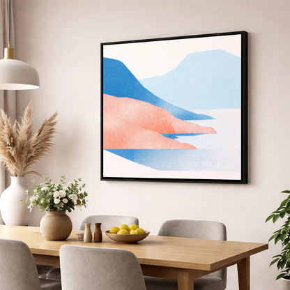 Coniston Water in Coral and Blue lake district lake wall art displayed in a dining room