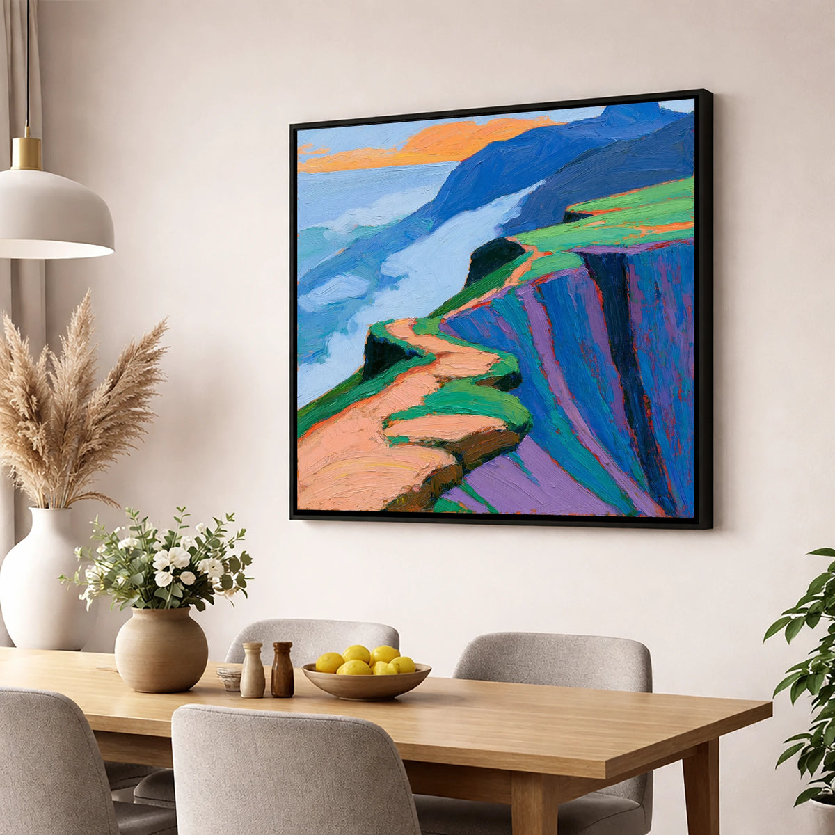 Vibrant Mountain Ridge Path lake district fell wall art displayed in a dining room