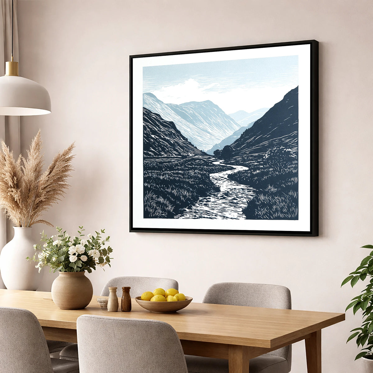 Kirkstone Pass in Deep Navy lake district valley wall art displayed in a dining room