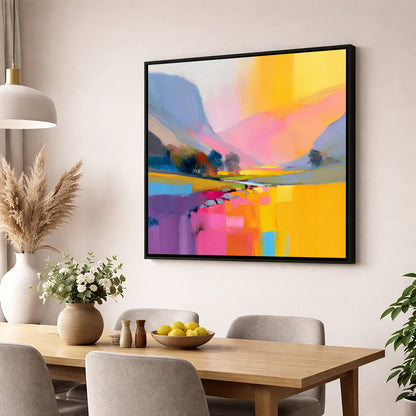 Vivid Pink Lakeland Valley Beck lake district valley wall art displayed in a dining room