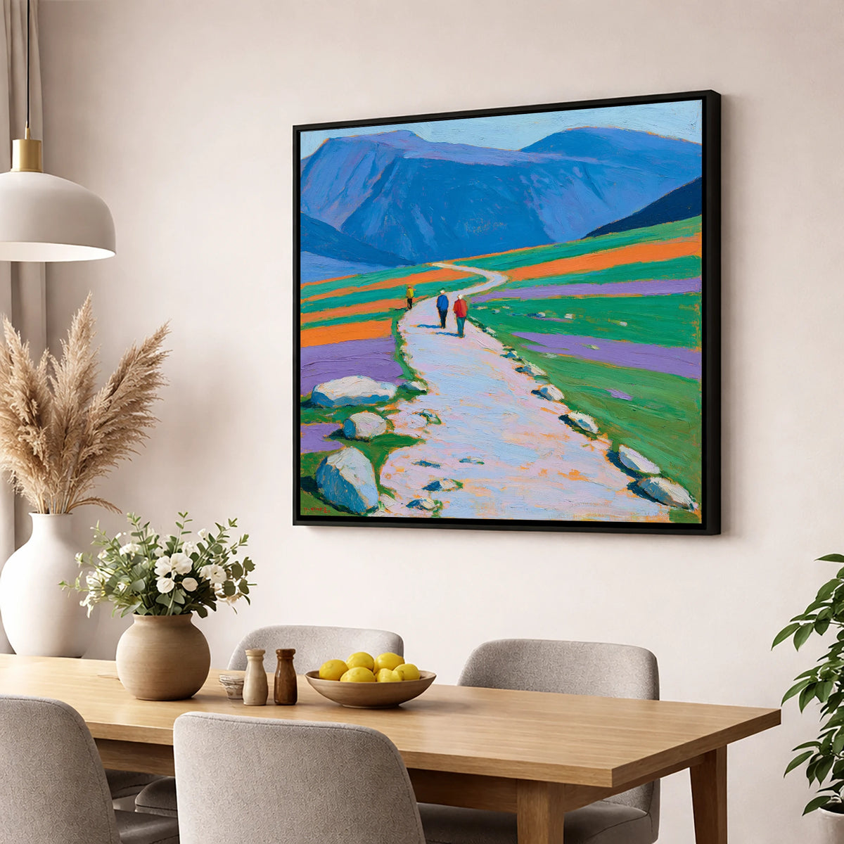 Hikers on a Vibrant Fell Path lake district fell wall art displayed in a dining room