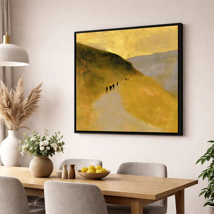 Walkers on a Golden Fell Path lake district walking wall art displayed in a dining room