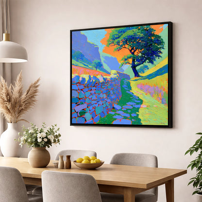 Vibrant Valley Drystone Wall Path lake district valley wall art displayed in a dining room