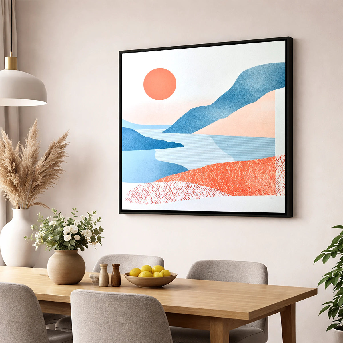 Ennerdale Valley in Coral and Blue lake district valley wall art displayed in a dining room