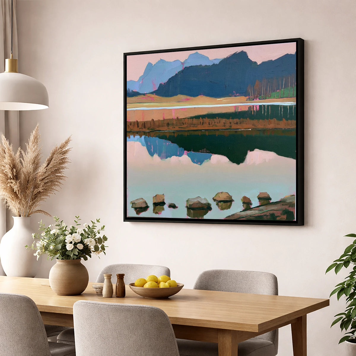 Blea Tarn with Pink Reflections lake district fell wall art displayed in a dining room
