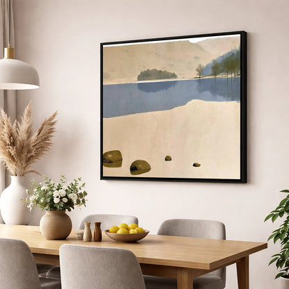 Mossy Boulders at Rydal Water lake district lake wall art displayed in a dining room