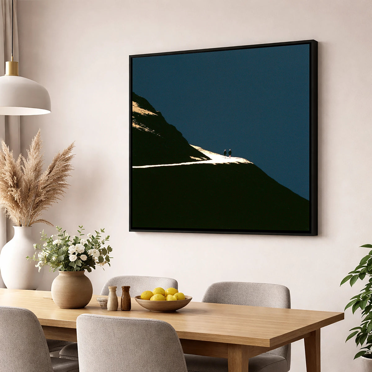 Fell Walkers On An Illuminated Path lake district walking wall art displayed in a dining room