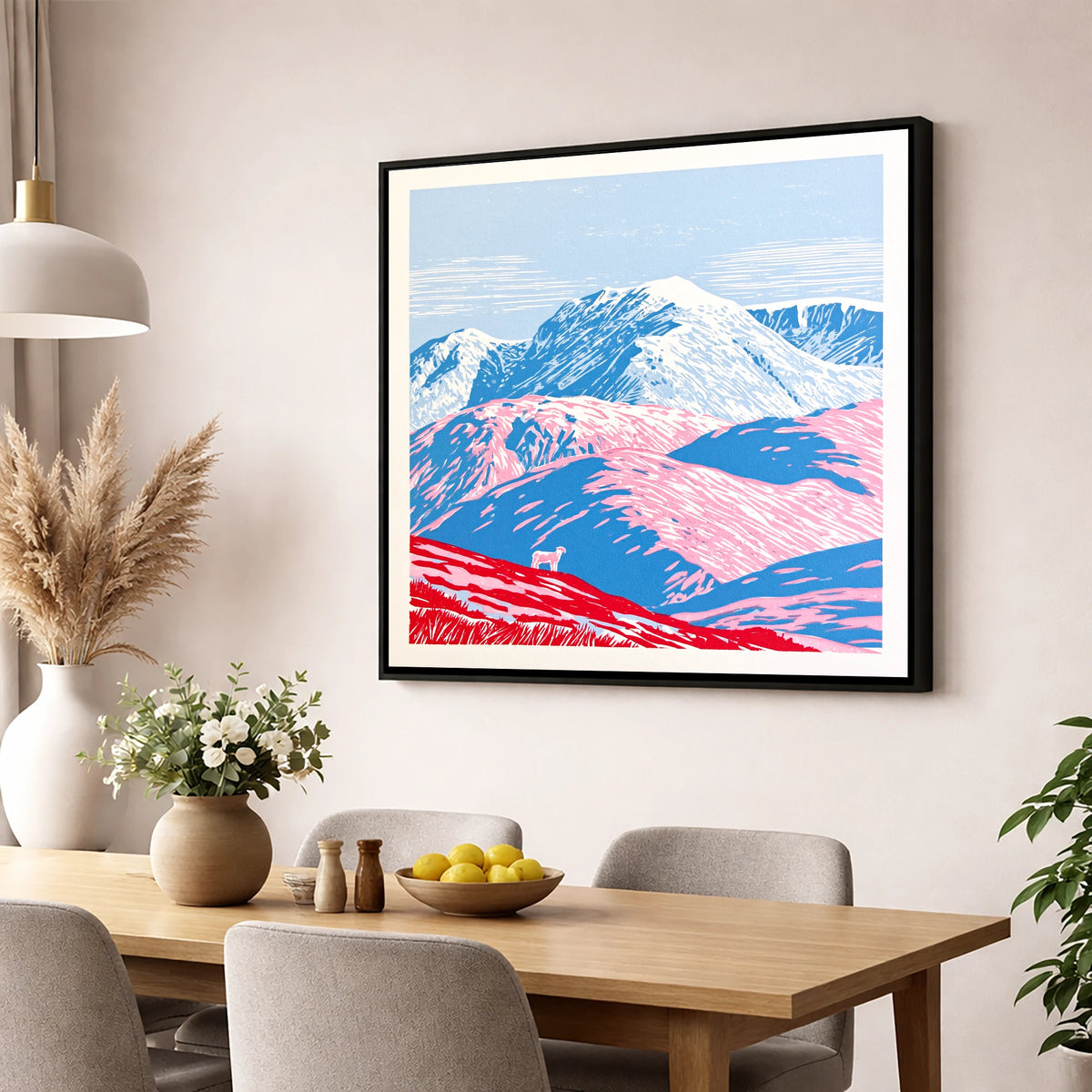 Vivid Pink Fells Below Bowfell lake district fell wall art displayed in a dining room