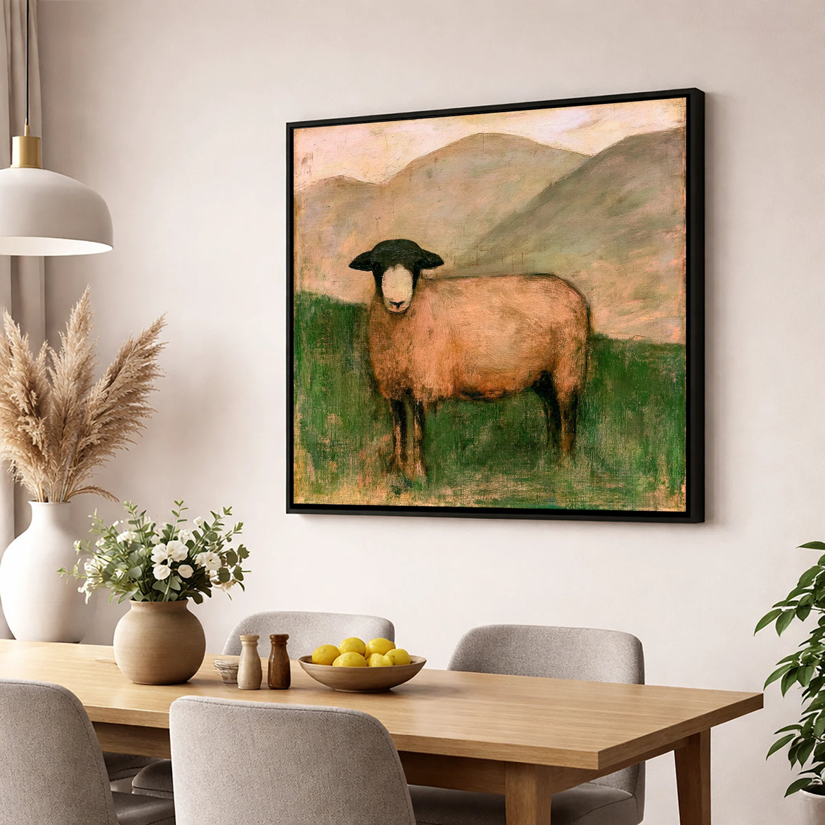 Herdwick Sheep on Warm Fellside lake district wildlife wall art displayed in a dining room