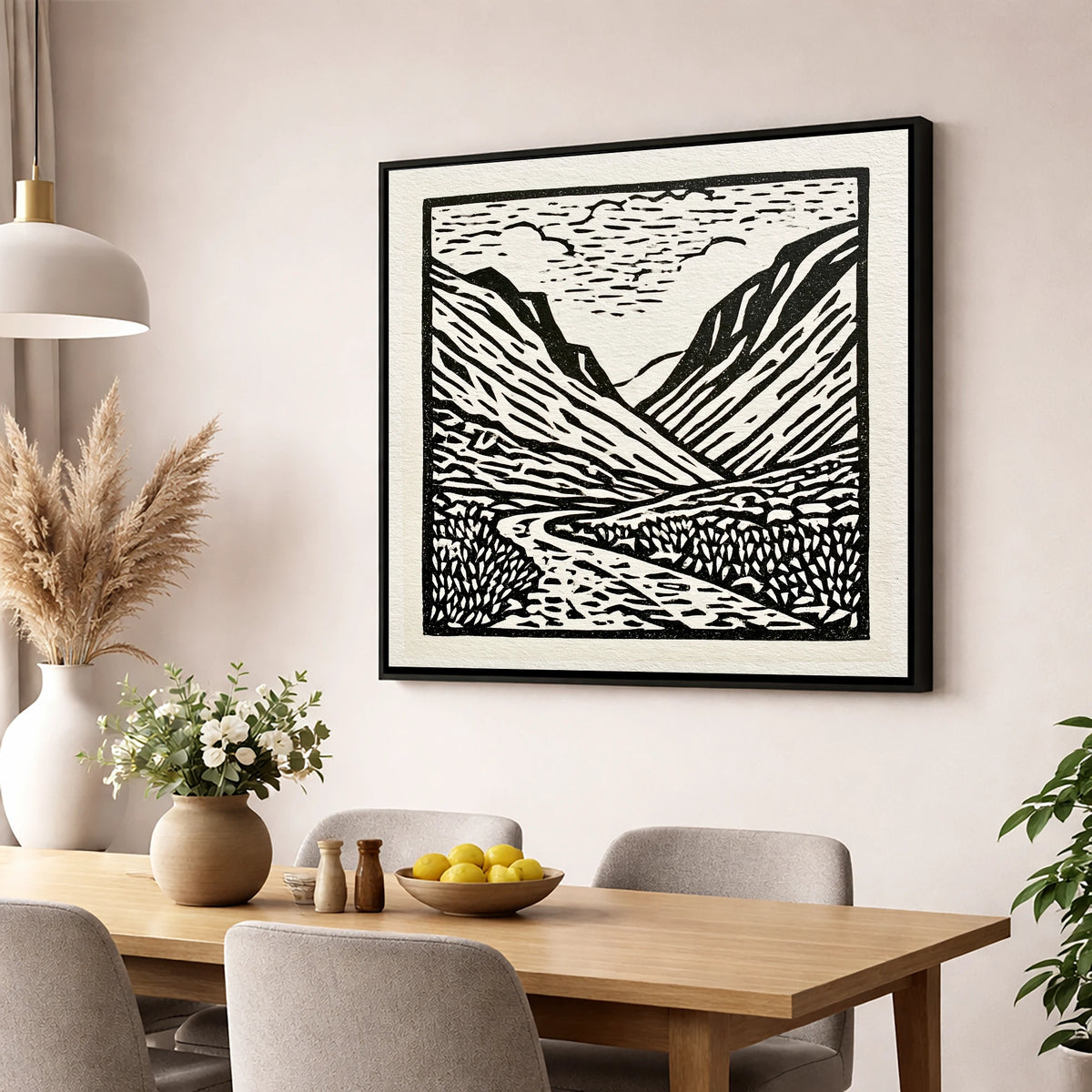 Honister Pass in Bold Monochrome lake district valley wall art displayed in a dining room