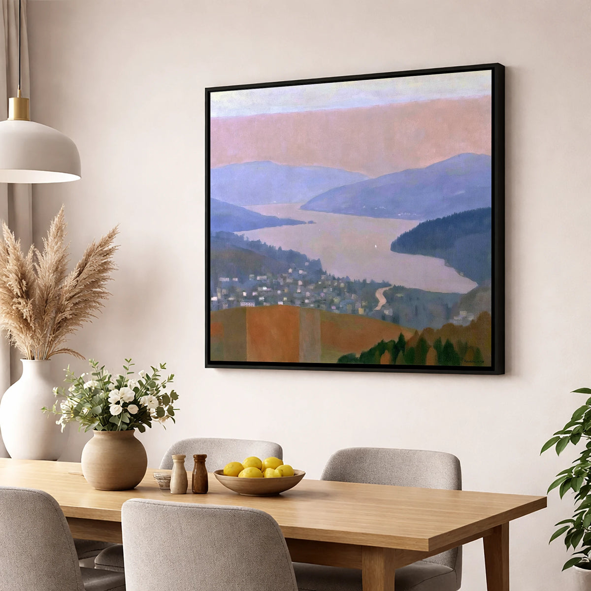Ambleside and Lake in Pastel Dusk lake district village wall art displayed in a dining room