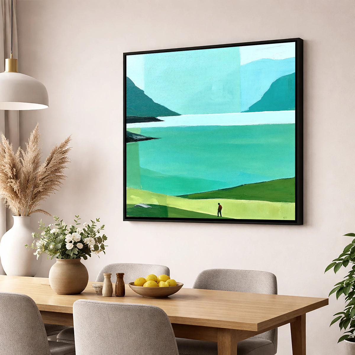 Teal Wastwater and Lone Walker lake district lake wall art displayed in a dining room