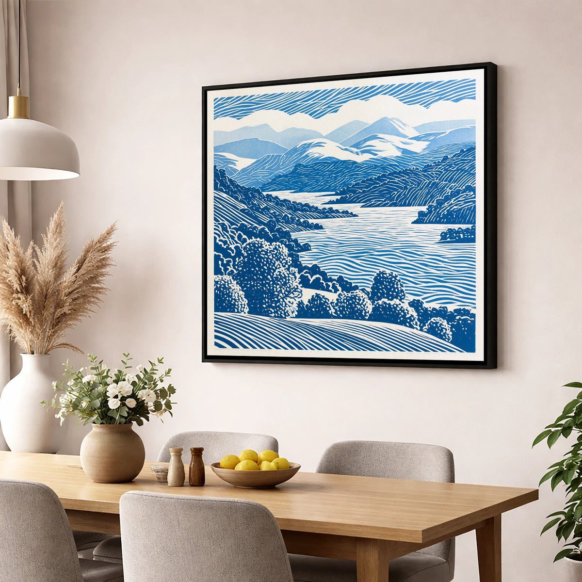 Coniston Water in Cobalt Blue lake district lake wall art displayed in a dining room