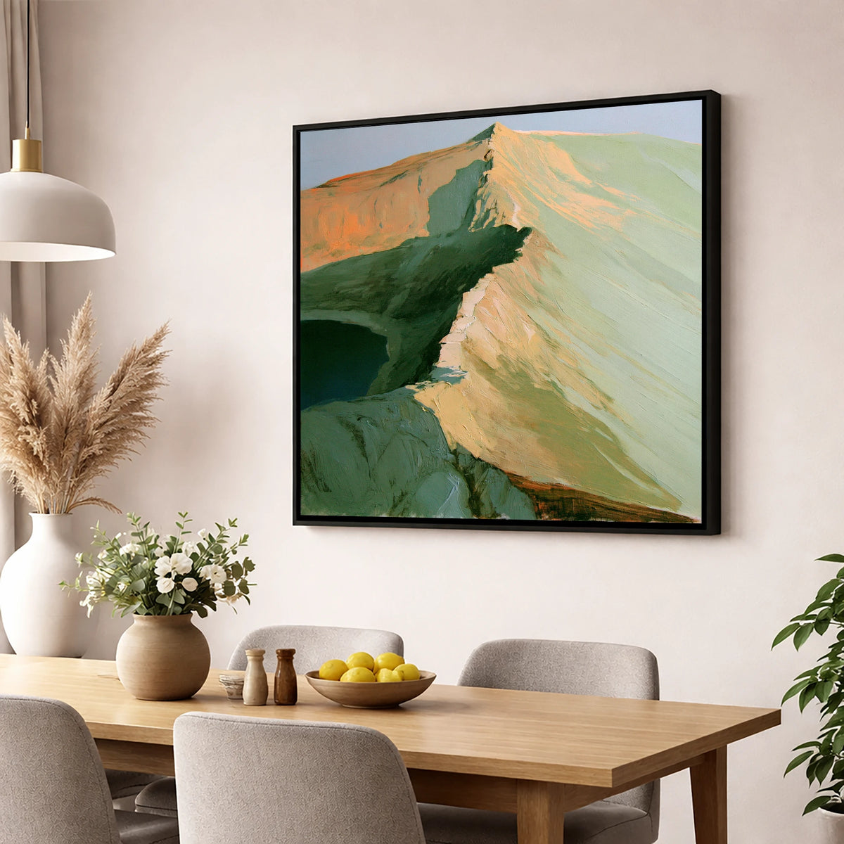 Apricot Light on Striding Edge lake district walking wall art displayed in a dining room
