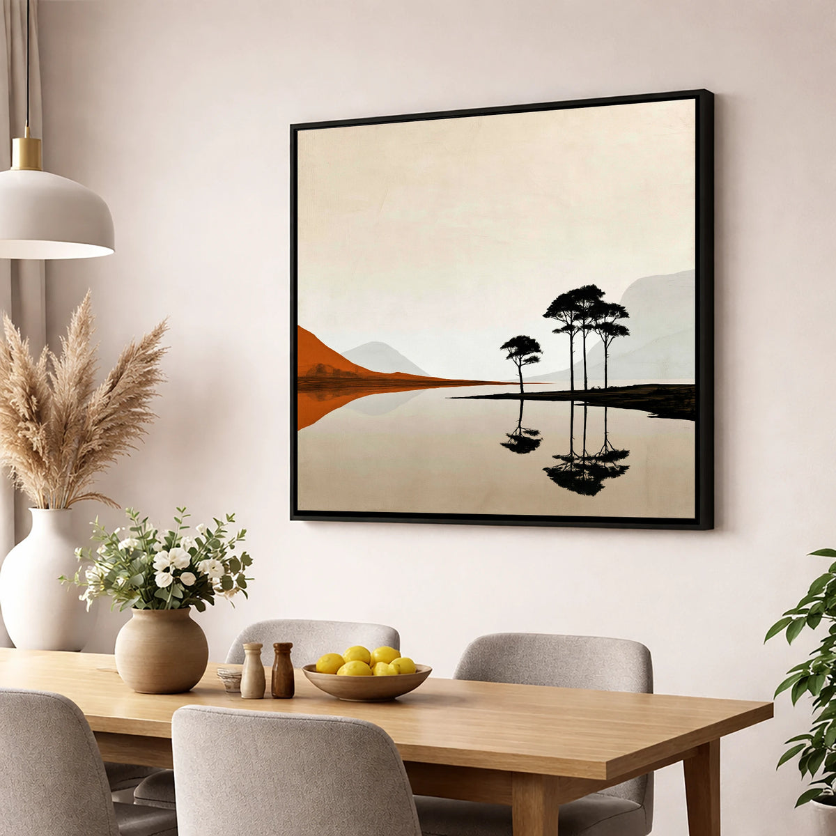 Dawn Lake with Silhouetted Pines lake district lake wall art displayed in a dining room