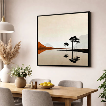 Dawn Lake with Silhouetted Pines lake district lake wall art displayed in a dining room