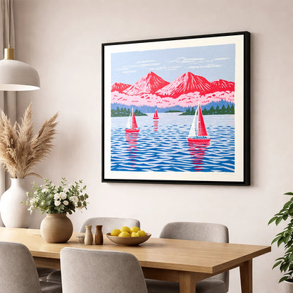 Windermere Sailboats Beneath Pink Fells lake district lake wall art displayed in a dining room