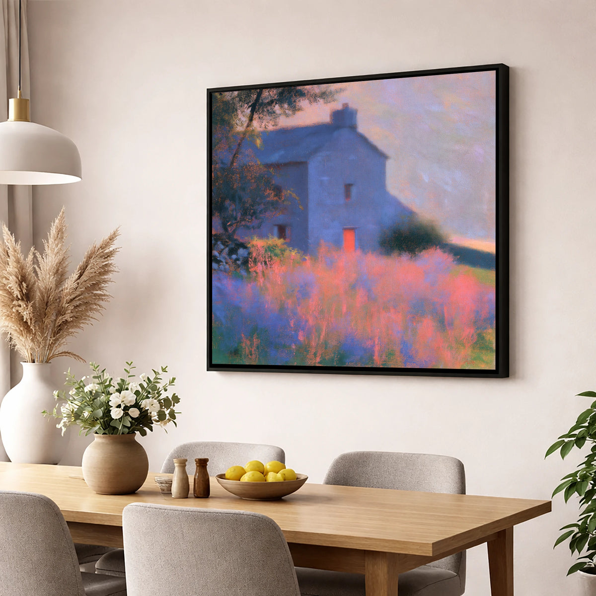 Stone Cottage in Pink Twilight lake district village wall art displayed in a dining room