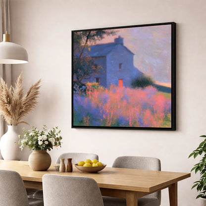 Stone Cottage in Pink Twilight lake district village wall art displayed in a dining room