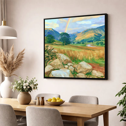 Rainbow Over a Sunlit Valley lake district sky wall art displayed in a dining room