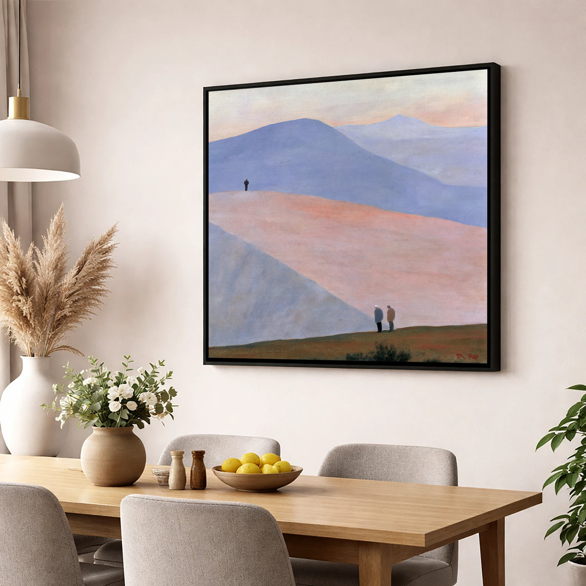 Hikers on Sweeping Pastel Fells lake district fell wall art displayed in a dining room