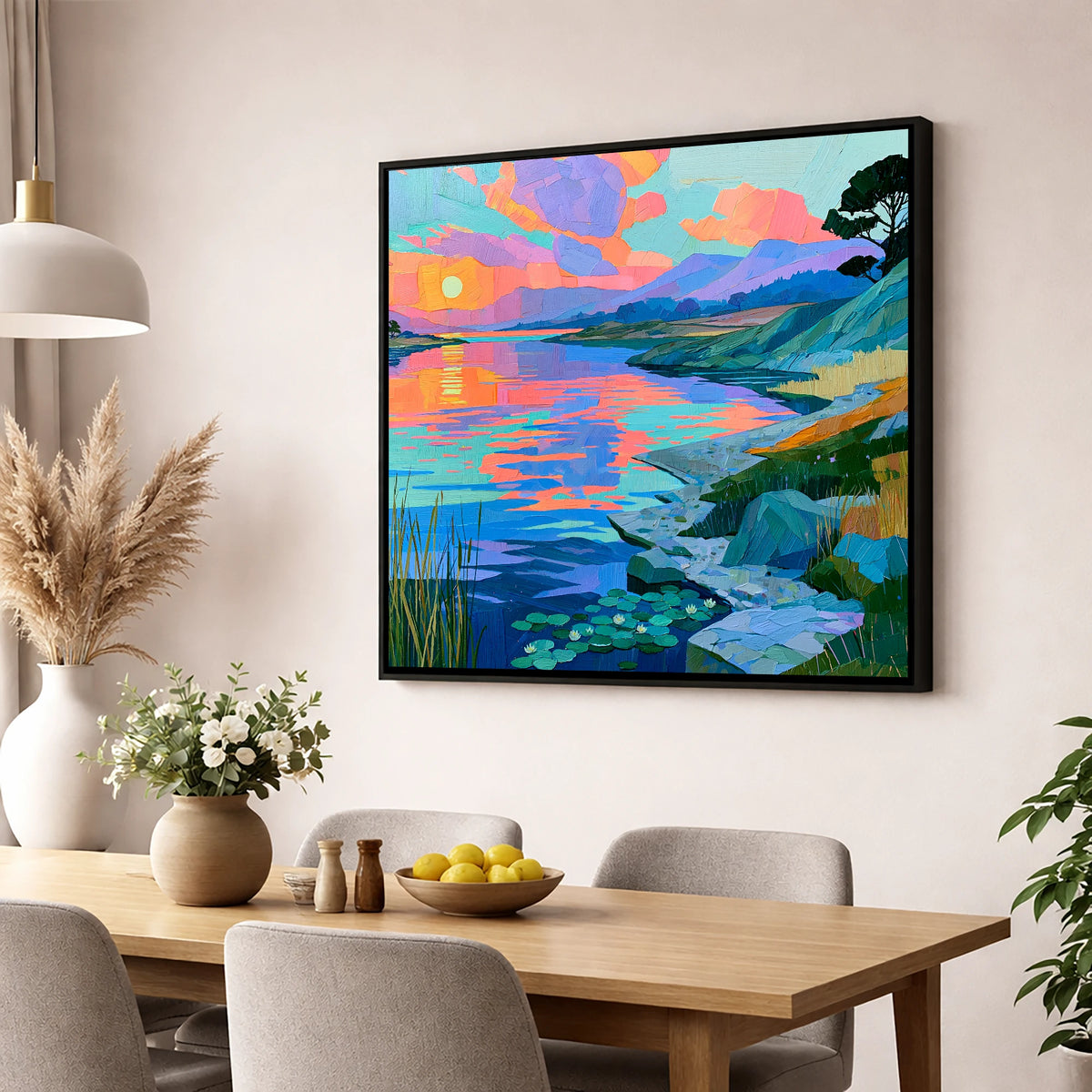 Vibrant Sunset Over the Water lake district lake wall art displayed in a dining room