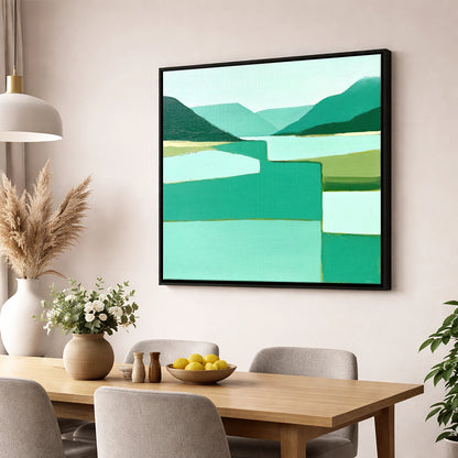 Abstract Teal Lake And Fells lake district lake wall art displayed in a dining room