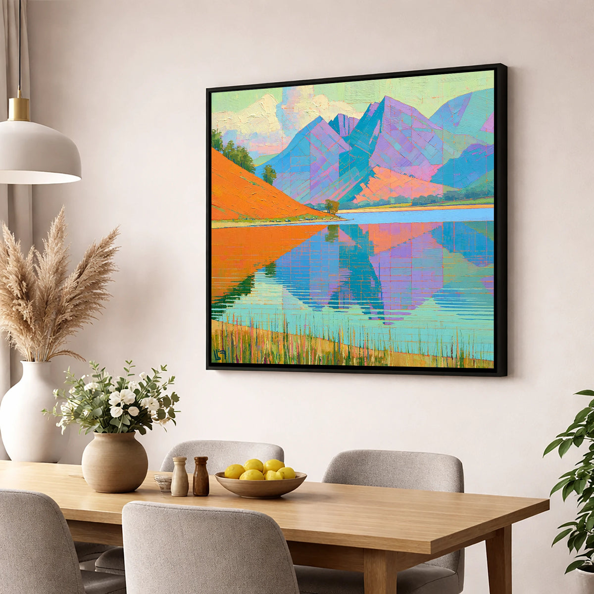 Vivid Loweswater Lake Reflection lake district lake wall art displayed in a dining room