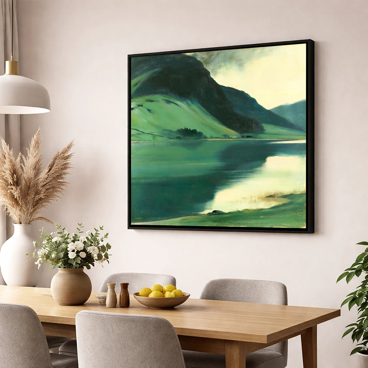 Emerald Fells Over the Lake lake district lake wall art displayed in a dining room