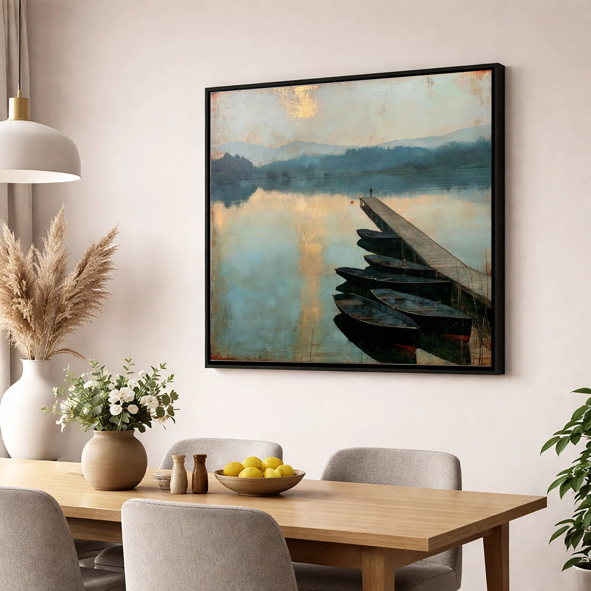 Windermere Jetty in Golden Light lake district lake wall art displayed in a dining room