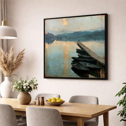 Windermere Jetty in Golden Light lake district lake wall art displayed in a dining room