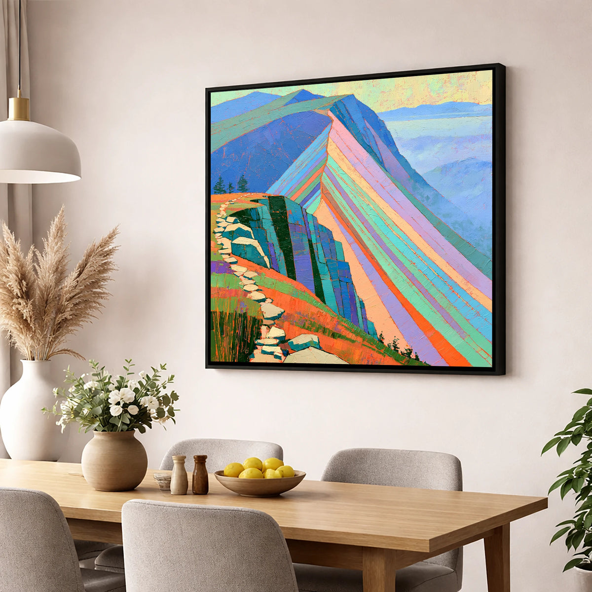 Colourful Striated Mountain Ridge lake district fell wall art displayed in a dining room