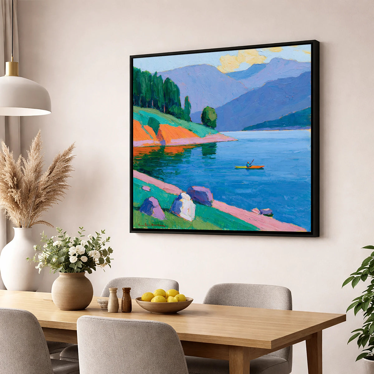 Vivid Kayaker on the Lake lake district walking wall art displayed in a dining room