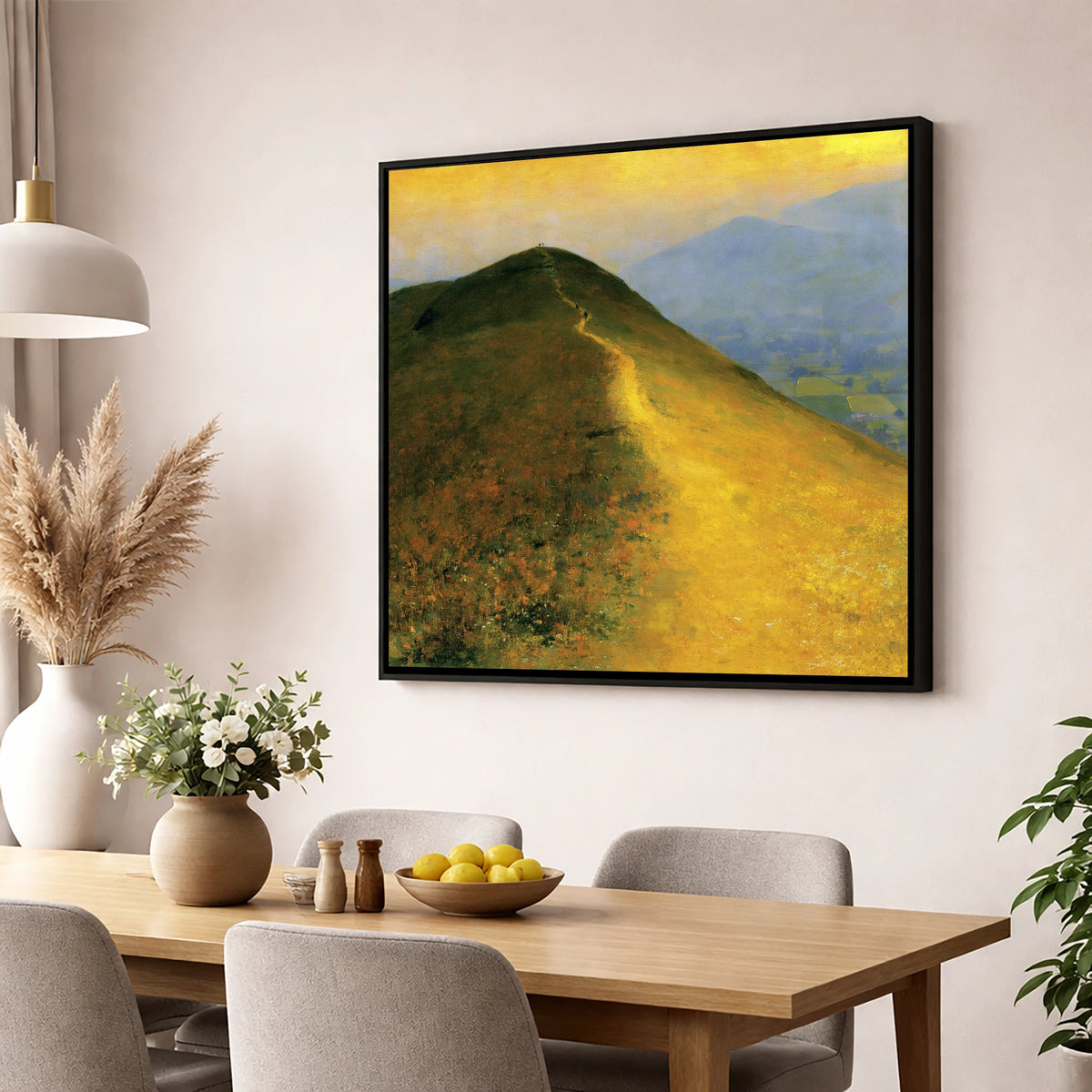 Sunlit Bracken on Catbells Ridge lake district fell wall art displayed in a dining room