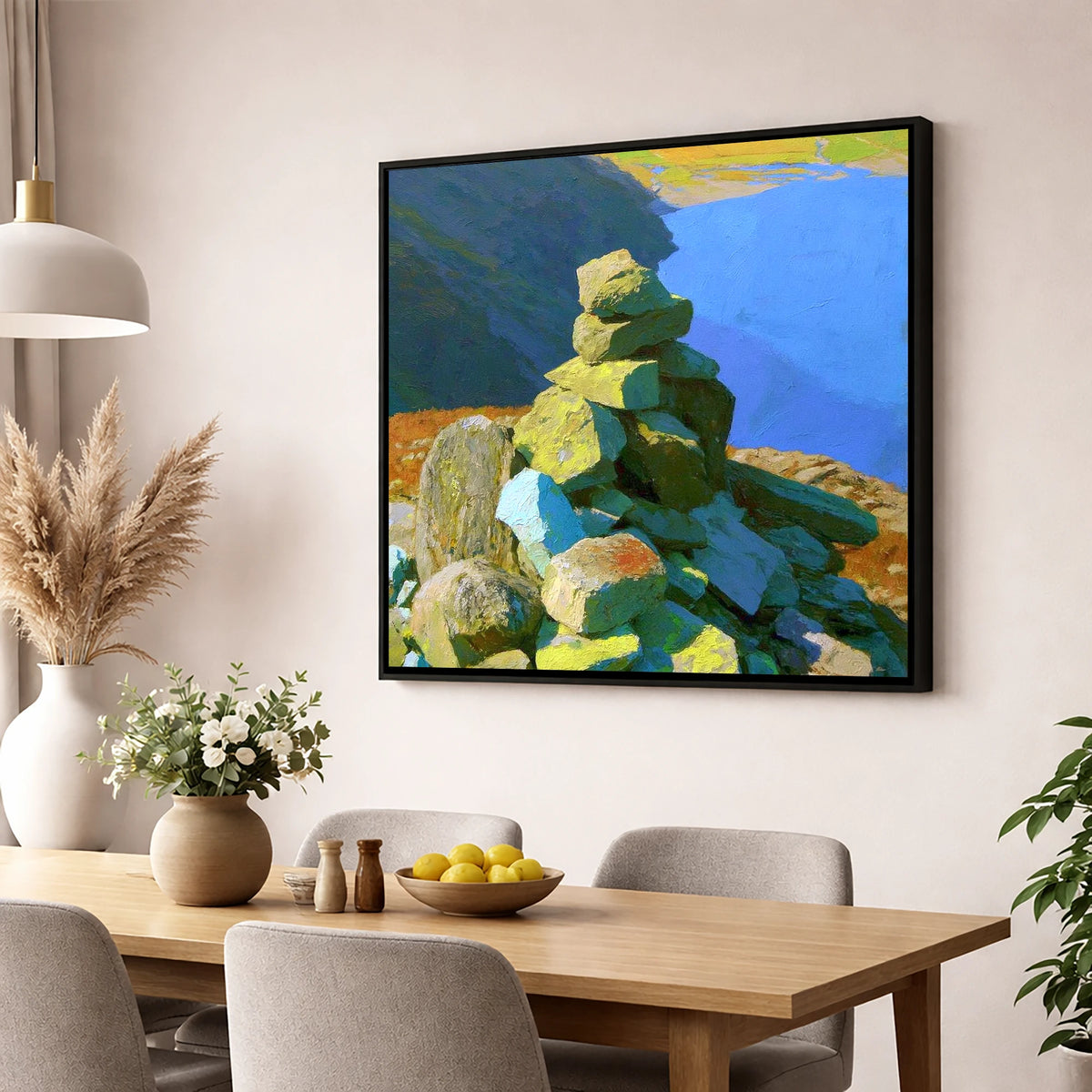 Sunlit Calf Crag Stone Cairn lake district fell wall art displayed in a dining room