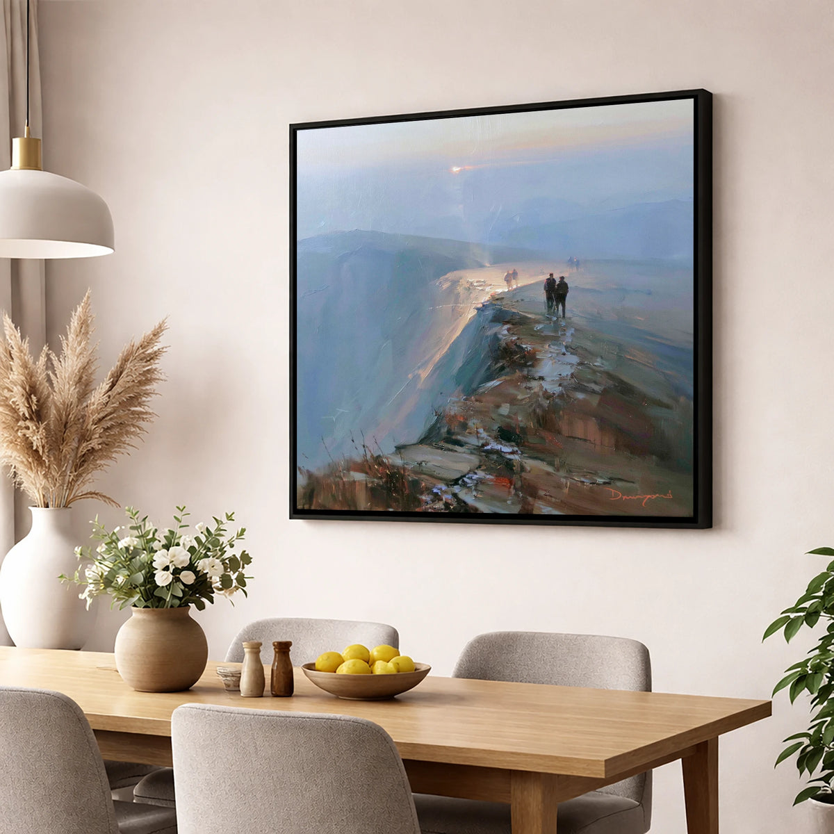 Hikers on a Hazy Fell Top lake district fell wall art displayed in a dining room