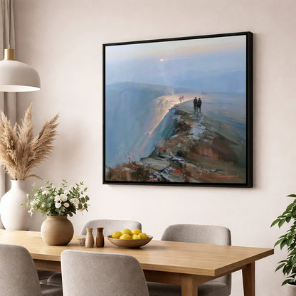 Hikers on a Hazy Fell Top lake district fell wall art displayed in a dining room