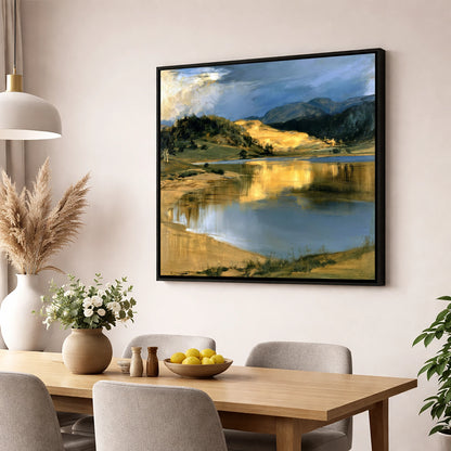 Lake Reflections in Golden Light lake district lake wall art displayed in a dining room