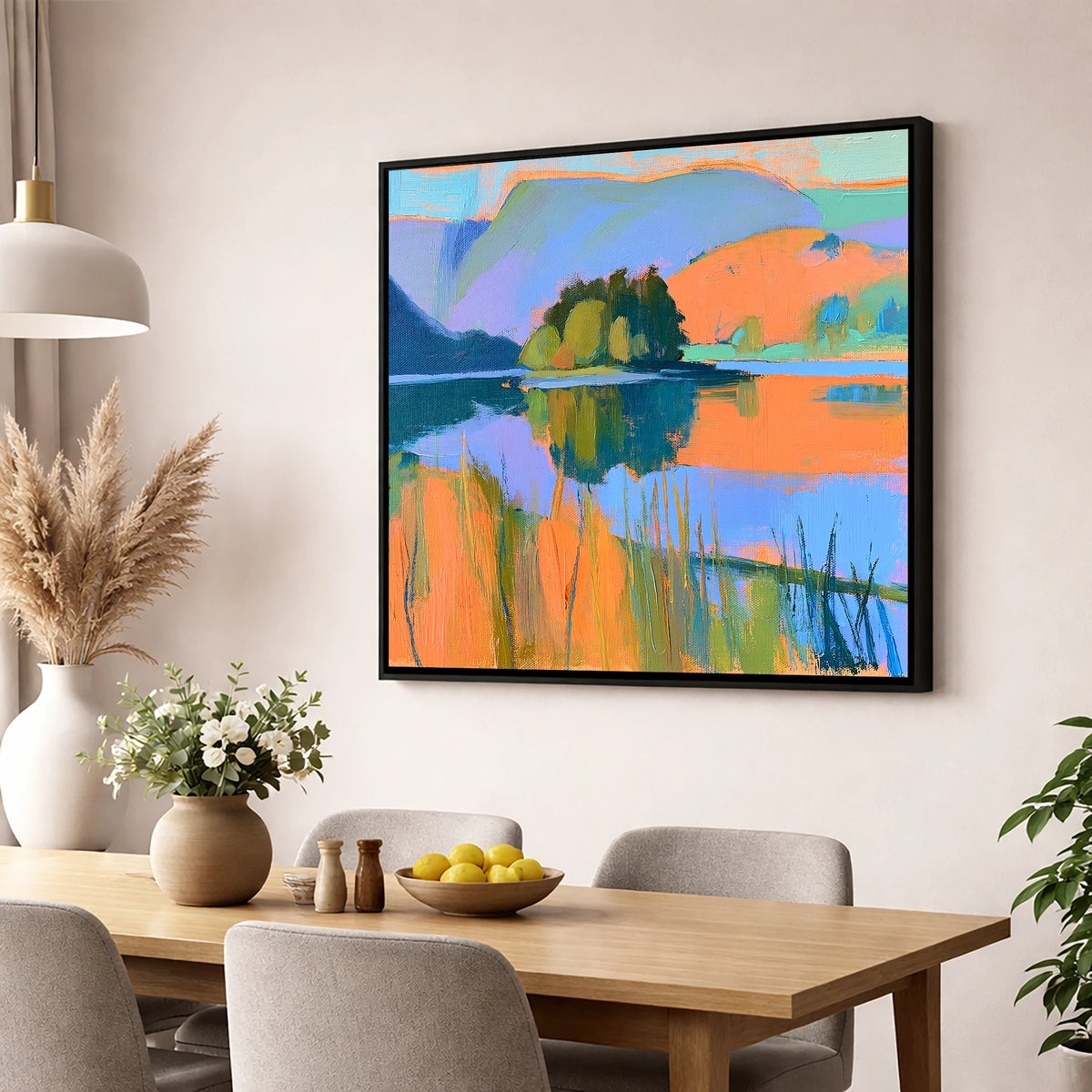 Vibrant Grasmere and Wooded Island lake district lake wall art displayed in a dining room