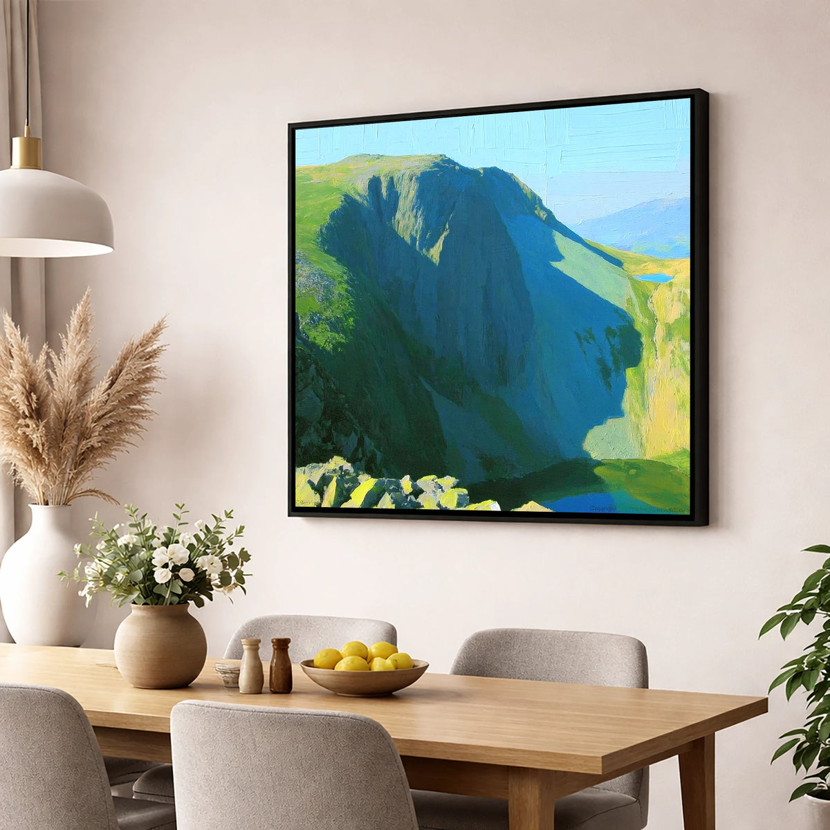 Sunlit Dale Head Crags lake district fell wall art displayed in a dining room