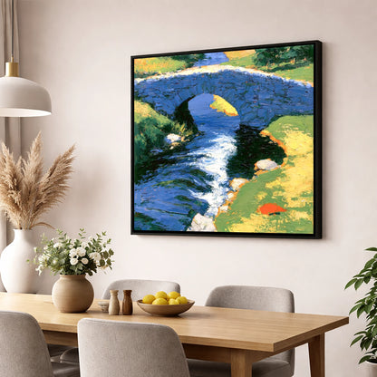 Sunlit Stone Bridge and Beck lake district waterfall wall art displayed in a dining room