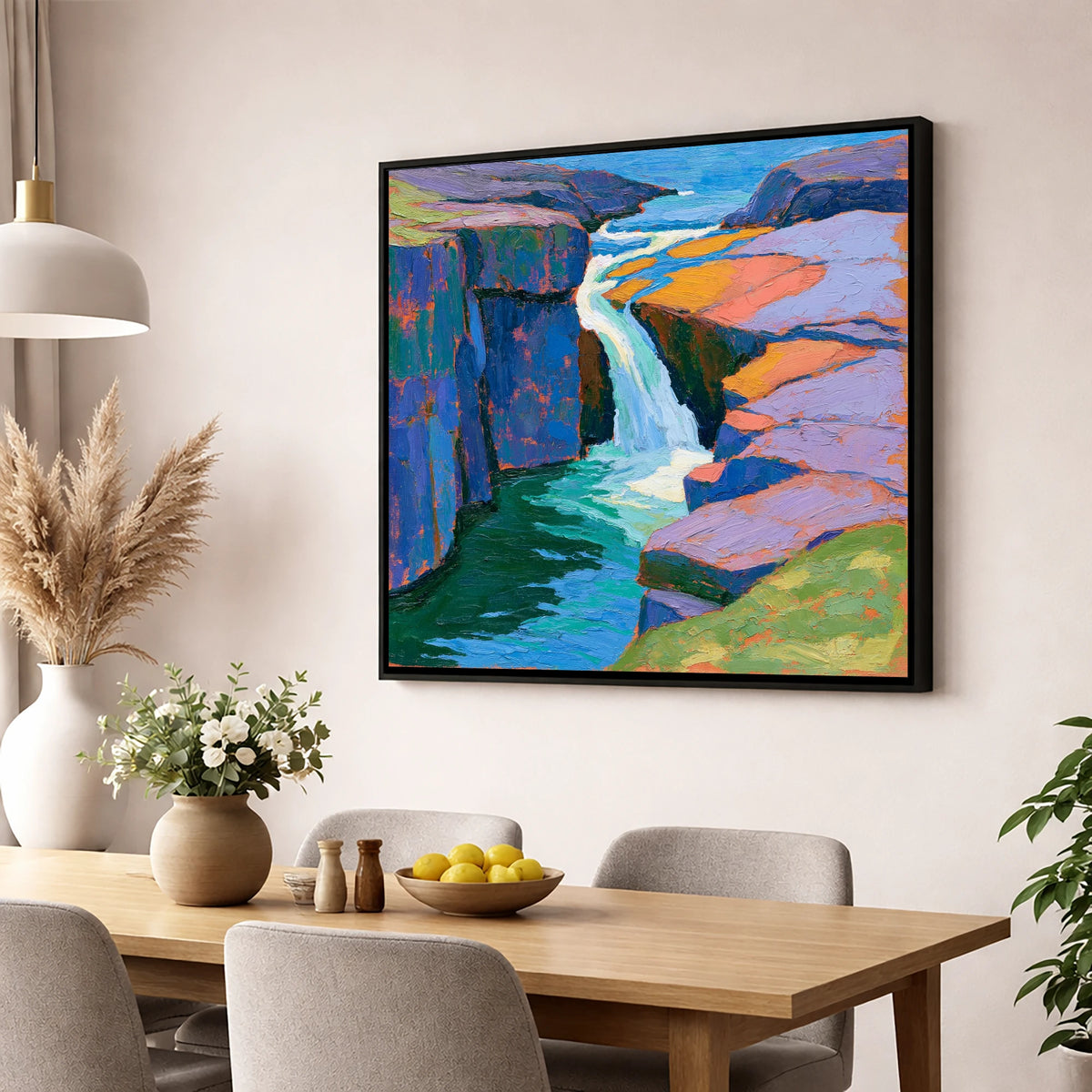 Vibrant Lake District Waterfall lake district waterfall wall art displayed in a dining room